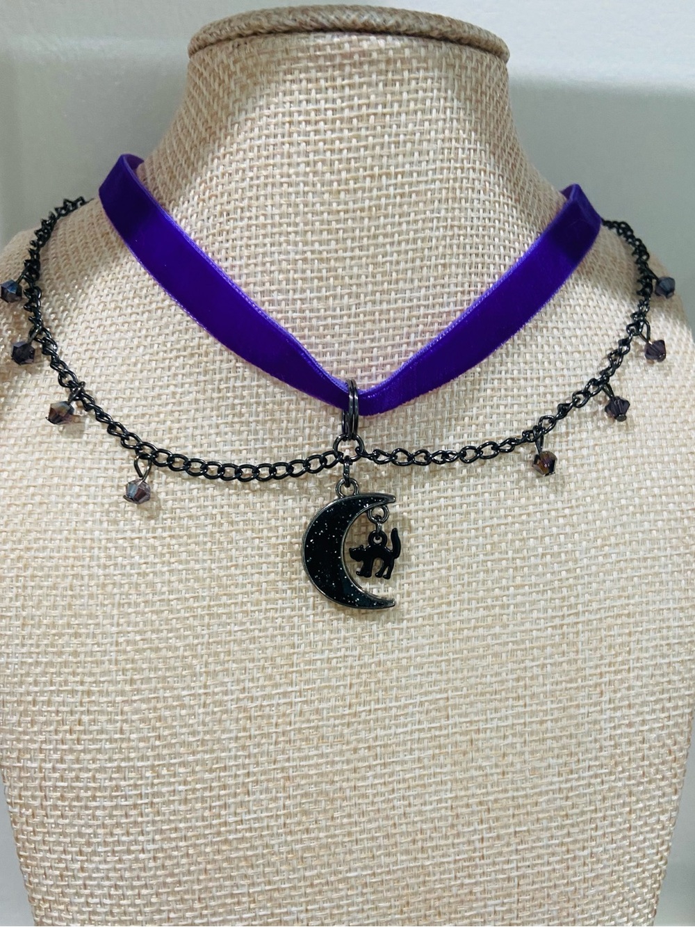 Purple Velvet Choker with Black Moon & Cat Pendant and Black Moon Earrings. New